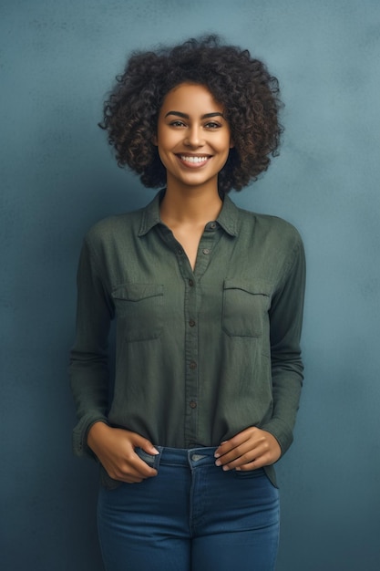 Femme souriante en chemise verte est debout avec ses mains dans ses poches IA générative