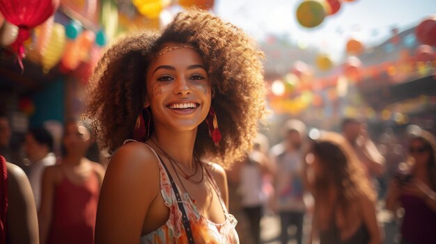 Une femme souriante avec des cheveux afro pose pour la caméra