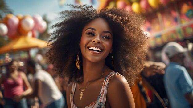 Femme souriante avec des cheveux afro pose pour la caméra