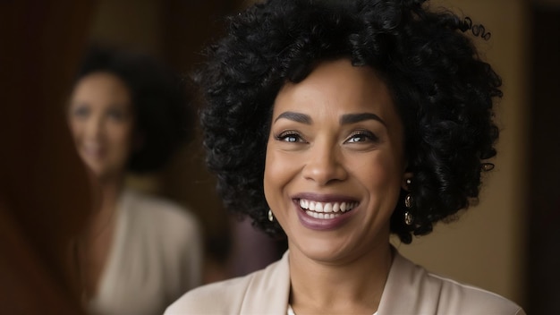 Une femme souriante avec des cheveux bouclés