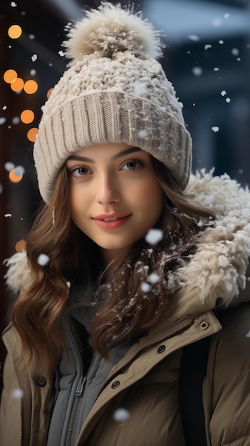 Photo femme souriante avec des chutes de neige