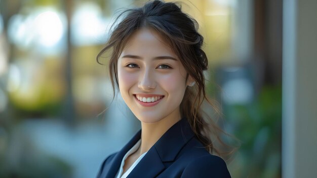 Une femme souriante en costume d'affaires