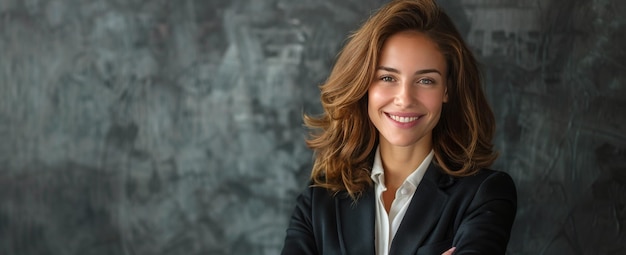 Une femme souriante en costume d'affaires