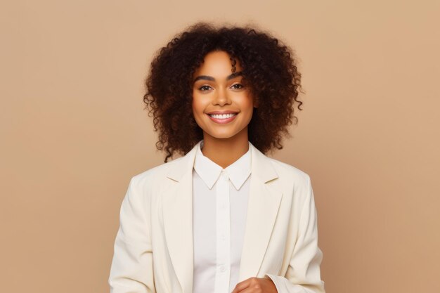 Femme souriante en costume blanc et chemise blanche avec ses mains dans ses poches IA générative