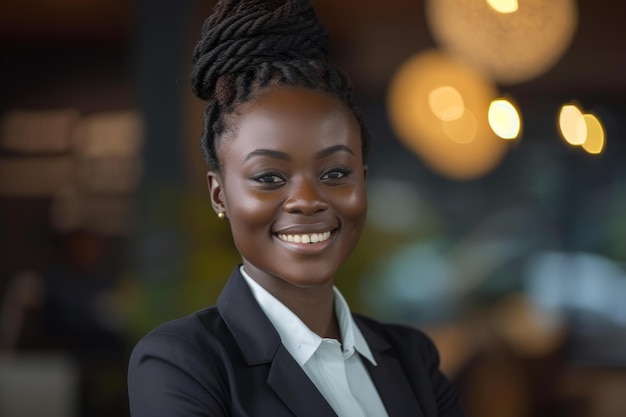 Une femme souriante en costume pose pour la caméra