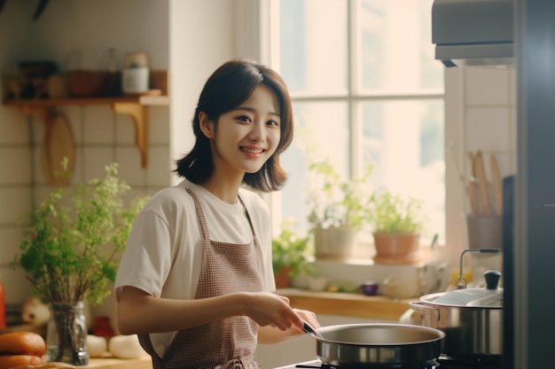 Une femme souriante cuisinant de la nourriture saine dans la cuisine