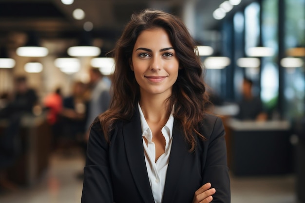 Une femme souriante dans un bureau vêtue d'une combinaison intelligente avec une IA générative