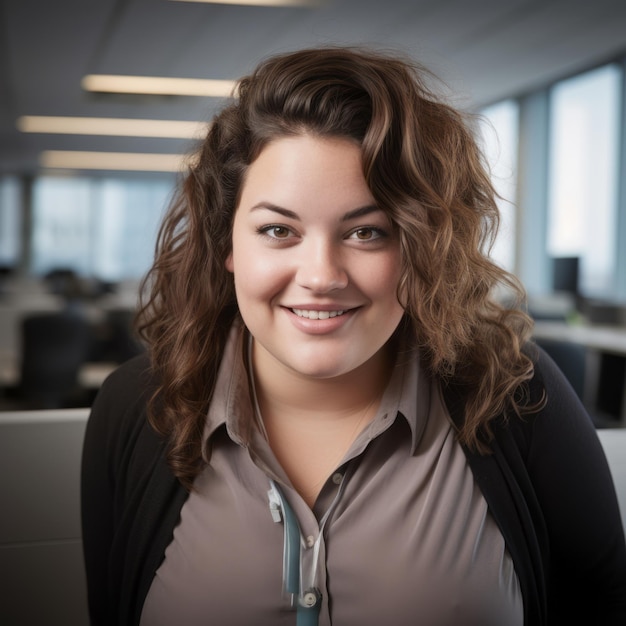 une femme souriante dans un bureau