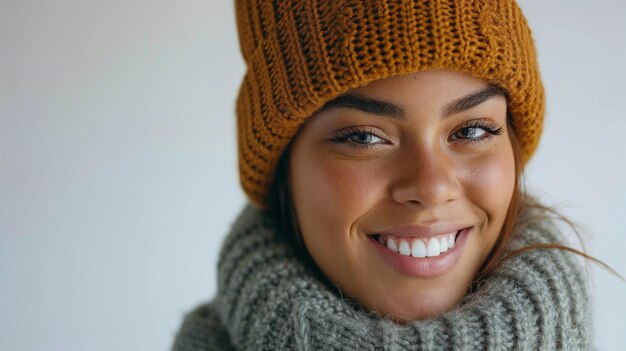 Photo une femme souriante dans un chapeau de moutarde et un foulard gris à tricoter incarnant un look d'hiver confortable et élégant