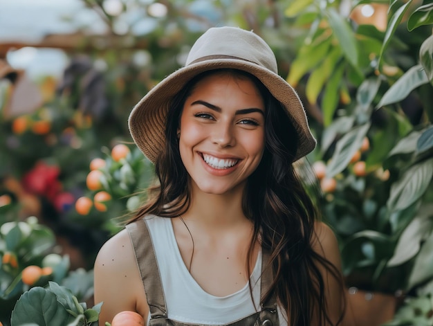 Une femme souriante dans un chapeau tenant des oranges dans l'horticulture