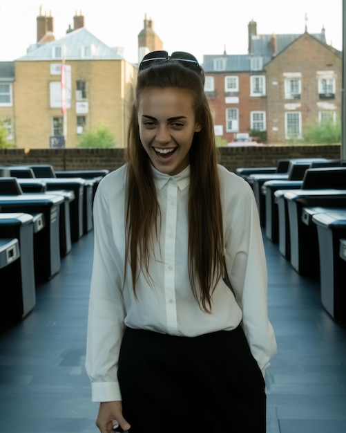 une femme souriante dans une chemise blanche et un pantalon noir