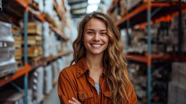 Une femme souriante dans l'entrepôt.