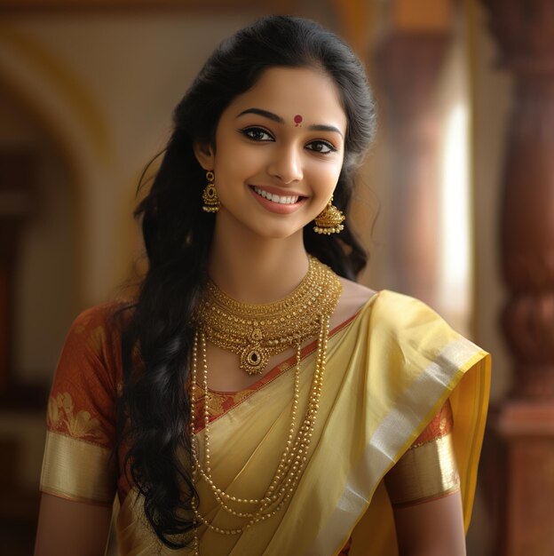 une femme souriante dans un sari avec un collier en or.