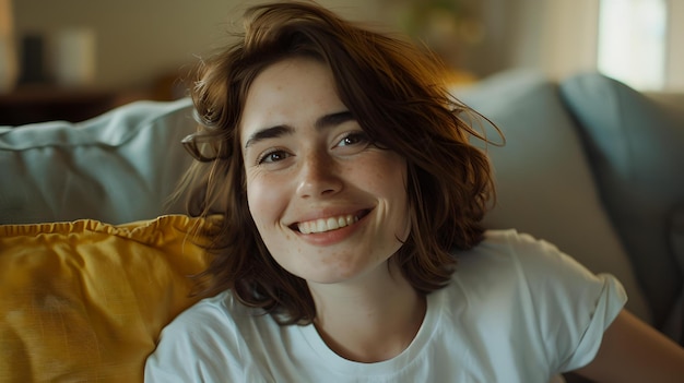 Femme souriante dans un style décontracté à la maison portrait de lumière naturelle authentique ambiance détendue style de vie quotidien pris par l'IA
