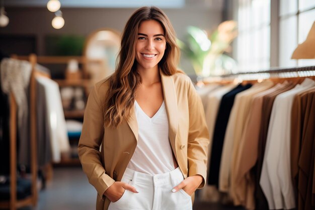 Une femme souriante dans une tenue décontractée d'affaires se tient confiante dans un magasin de vêtements modernes