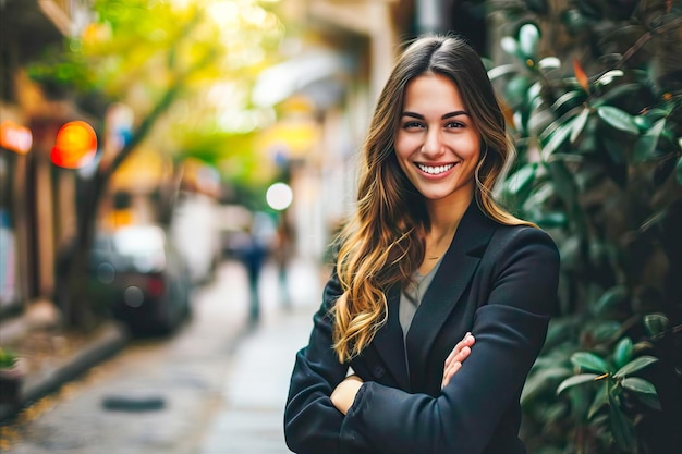 Une femme souriante devant un arbre