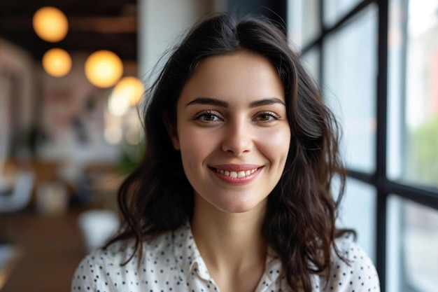 une femme souriante devant une fenêtre