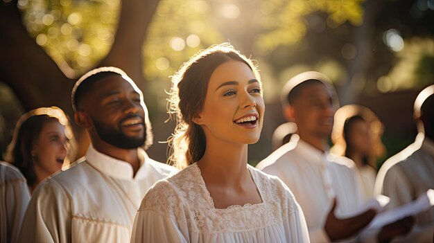 Femme souriante devant un groupe de personnes à Pâques