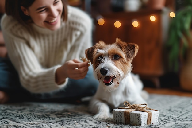 une femme souriante donne une boîte-cadeau à son chien