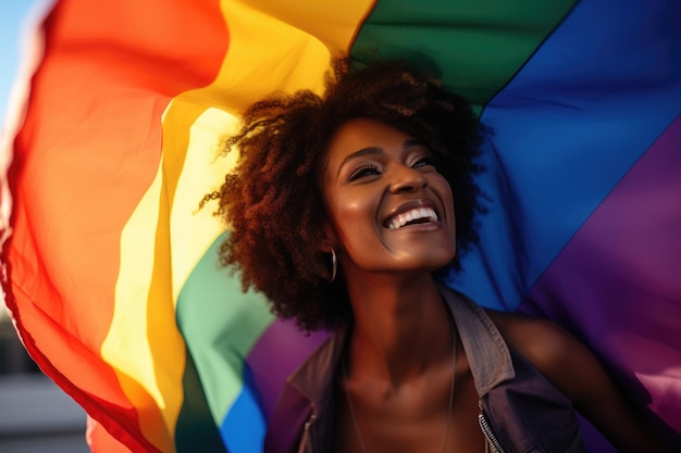 Femme souriante avec un drapeau arc-en-ciel Activiste féminine heureuse tenant un drapeaux LGBT