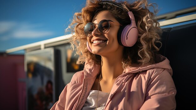 Une femme souriante écoutant de la musique avec des écouteurs sous la lumière du coucher du soleil