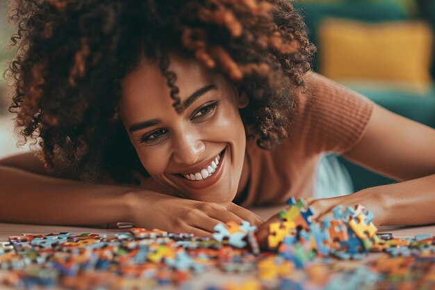 Photo une femme souriante en faisant un puzzle