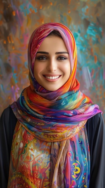 Une femme souriante avec un foulard coloré