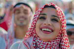 Photo une femme souriante avec un foulard rouge qui dit heureux