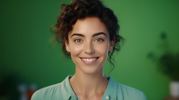 Une femme souriante heureuse sur un fond vert