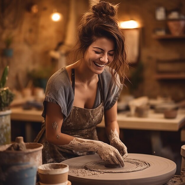 Une femme souriante et heureuse travaille derrière la roue d'un potier dans un atelier de poterie.