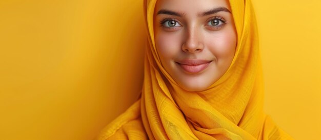 Une femme souriante en hijab jaune