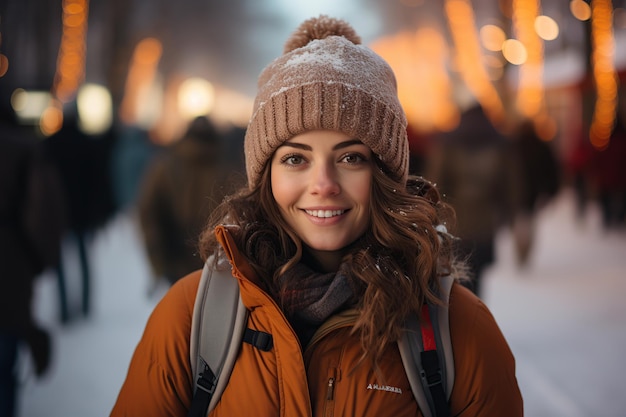 Femme souriante en hiver dans une ville enneigée AI générée