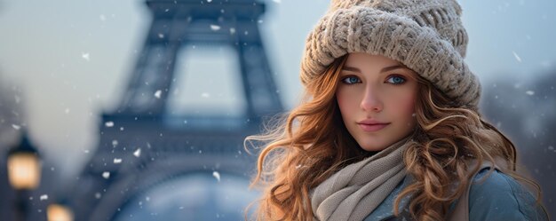 Femme souriante en hiver à Paris AI générée