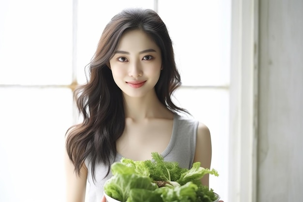 Femme souriante avec légumes et salade