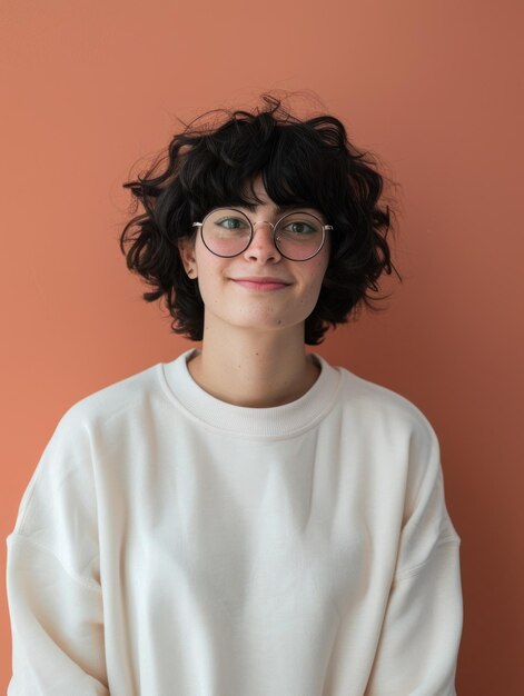 une femme souriante avec des lunettes et un sweatshirt rouge