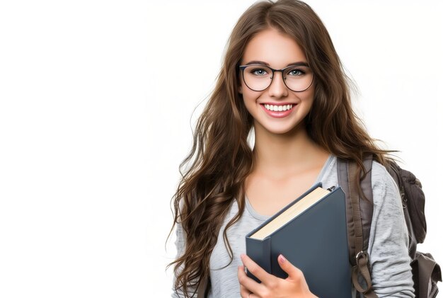 Une femme souriante avec des lunettes tenant un livre