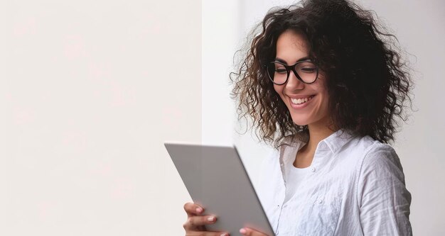 Femme souriante à lunettes tenant une tablette numérique en se tenant debout à l'intérieur