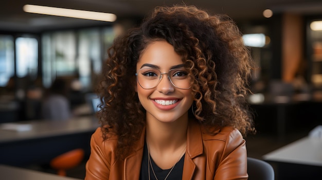 femme souriante avec des lunettes et une veste marron assise à une table IA générative