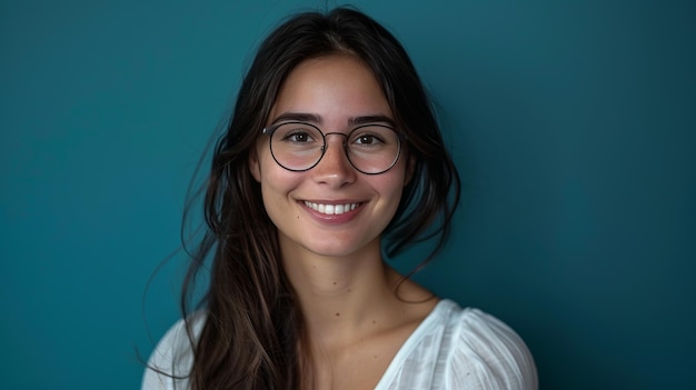 Une femme souriante avec des lunettes