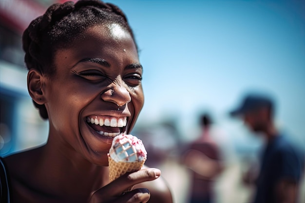 Une femme souriante en mangeant un cône de crème glacée