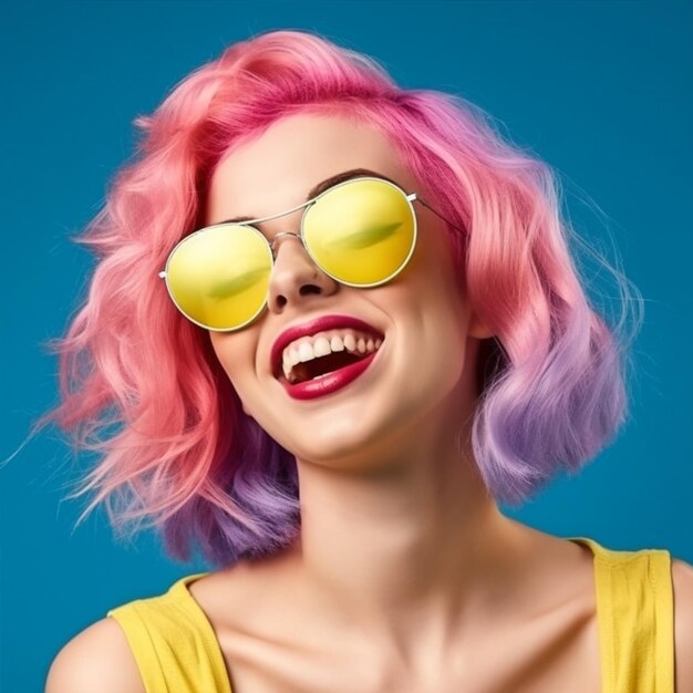 Une femme souriante maquillage cheveux lunettes de soleil modèle joli style beauté rose colorée IA générative