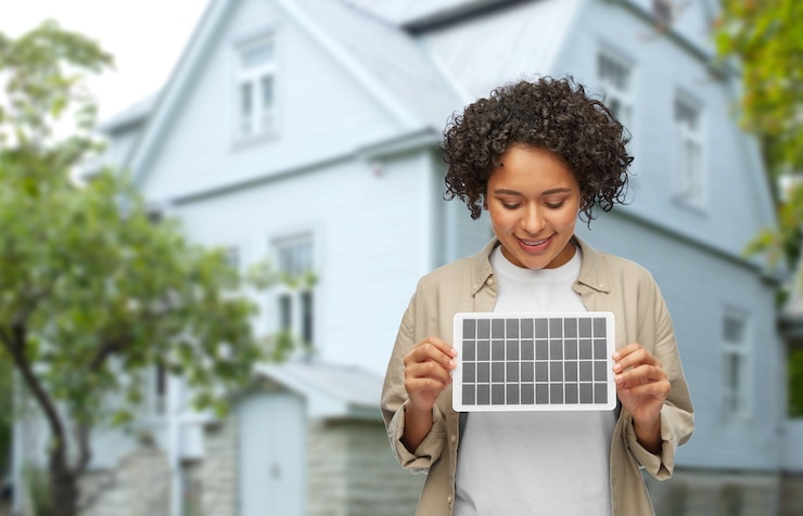 Photo femme souriante avec modèle de batterie solaire au-dessus de la maison