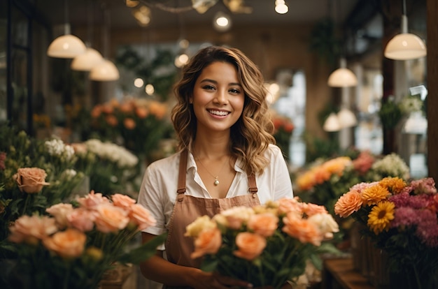 Une femme souriante ouvre une boutique de fleurs.