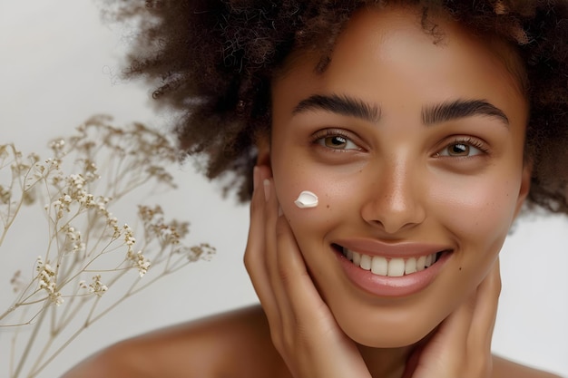 Photo femme souriante avec une peau claire démontrant des produits de soins de la peau sur un fond blanc concept soin de la peau routine produits de beauté demo teint clair femme sourioise arrière-plan blanc