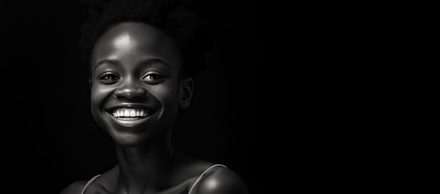 Une femme souriante sur une photo en noir et blanc