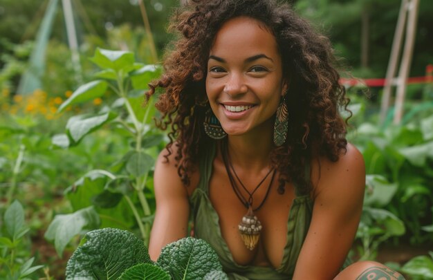 Photo femme souriante et plantant de la nourriture