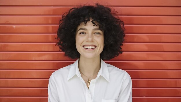 Une femme souriante portant une chemise blanche.