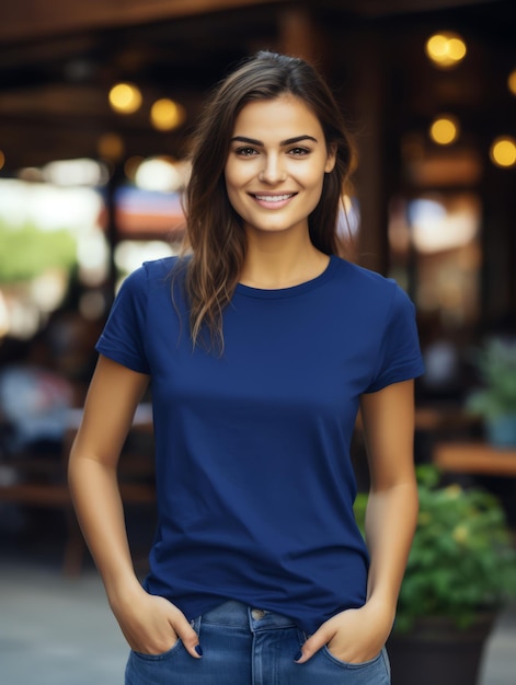 une femme souriante portant un t-shirt bleu de haute qualité pour une maquette de conception