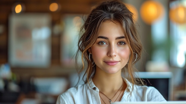 Femme souriante positive portant une chemise rayée portrait isolé en studio