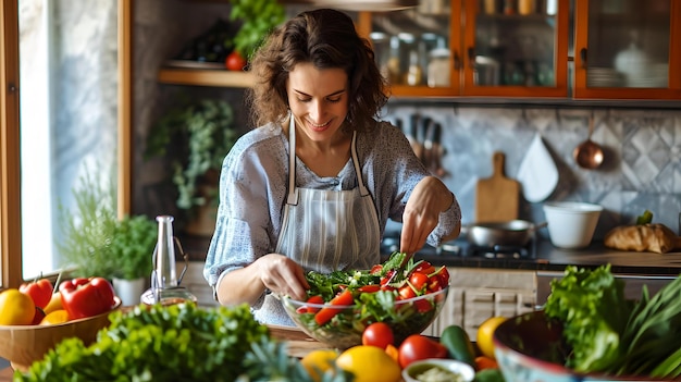 Une femme souriante préparant une salade dans une cuisine ensoleillée, un mode de vie sain, de la cuisine à la maison, l'inspiration de l'IA.